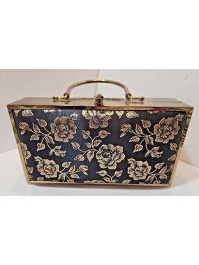 Vtg 70s Lou Taylor Miami Black On Gold Art Deco Padded Frame Box Handbag Purse
